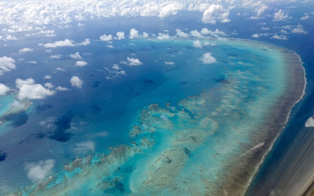 Aerial view of the turquoise outer edge of Arlington Reef in the Great Barrier Reef
