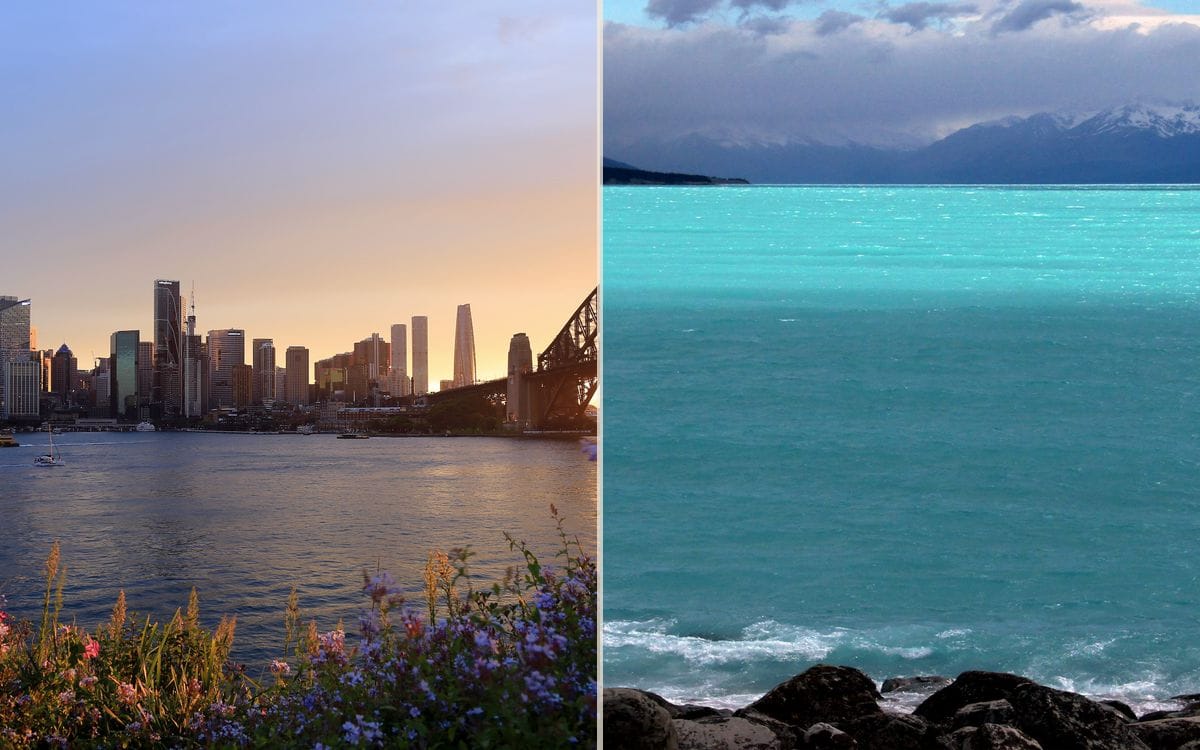 Split photographic view of Sydney Harbour at sunset and the glacier-blue water of Lake Pukaki